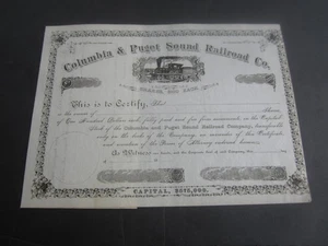 1800's - COLUMBIA & PUGET SOUND RAILROAD - STOCK CERTIFICATE - WASH. - Picture 1 of 1