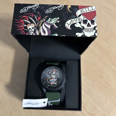 Men's Ed Hardy Watch - Skull/Eagle Tattoo Art - Olive Silicone Adjustable Strap - Image 1 of 4