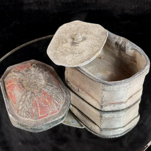 Antique 19th Century Stone Trinket Box Red Relief Floral Lid 5" x 3.5" Heavy - Picture 1 of 21