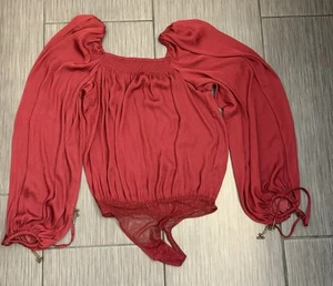 Free People Another Round Pomegranate Peasant Sleeve Blouse Thong Bodysuit XS - Picture 1 of 9