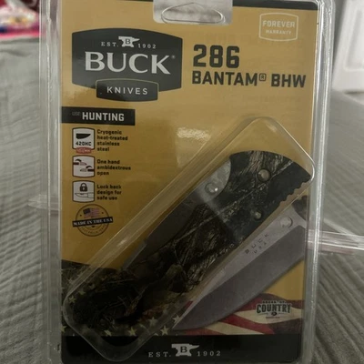 全新 Buck 286 Bantam BHW 黑色折叠刀迷彩狩猎巴克刀 — 第 1/4 张图片