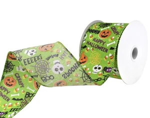 🎅🏻 Halloween Ribbon 2.5 Inch Wide Cartoon Pumpkin and Skull Candy Corn Spider - Picture 1 of 3