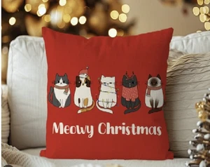 Christmas Cat Red Meowy Pillow Cover / Case 18x18 in Home Sofa Living Room Xmas - Picture 1 of 1