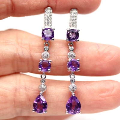 PENDIENTES DE AMATISTA PÚRPURA AAA CON DETALLES DE CIRCONITA CÚBICA BLANCA PLATA DE LEY 925 14K WGP Foto 1 de 3