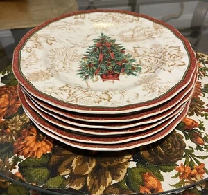 6-222 Fifth CHRISTMAS TOLLE Plate Gold With Red Trim Bowed Tree In Center 11" - Picture 1 of 5