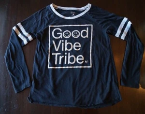 Girl's Justice Active “Good Vibe Tribe” Black Long Sleeve Tee Shirt Sz 10 Silver - Picture 1 of 3