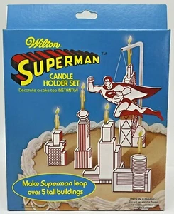 Vintage Superman 1979 Wilton Birthday Cake Candle Holder Set NIB - Picture 1 of 7