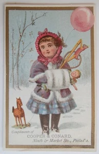 19th C. Victorian Christmas Trade Card Girl Gifts Doll Balloon Pull Toy Horse !! - Bild 1 von 3