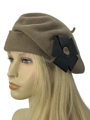 Laulhere French Hat Beret 100% Wool Chestnut with Black Flower France 7 - 7 1/8 - Image 1 of 4