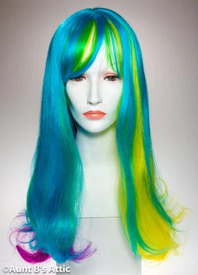 Peluca Brillante Colorido Arco Iris Larga Fibra Sintética Disfraz Peluca Con Golpes Foto 1 de 3