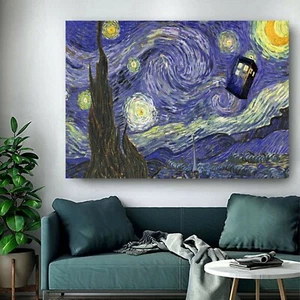 VAN GOGH STARY NIGHT TARDIS DR WHO FRAMED CANVAS WALL ART PRINT OR POSTER PAPER - Picture 1 of 6