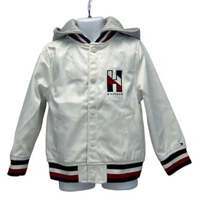 Tommy Hilfiger Boys Long Sleeve Logo Front Fabric Hood Varsity Jacket - White - Picture 1 of 8