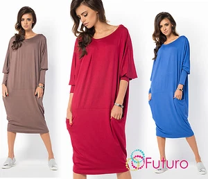 DRESS Ladies Casual Oversized Long Sleeve Dress Loose Boat Neck Plus Size FM45 - Picture 1 of 6