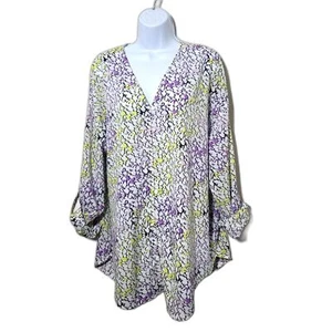 Liz Claiborne Womens sz XL white floral buttons 3/4 sleeve lightweight vneck - Picture 1 of 11
