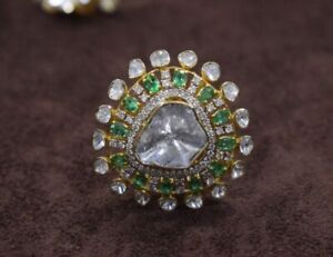 925 Sterling Silver Polki, Emerald And Pave Diamond Kundan Meena Designer Ring