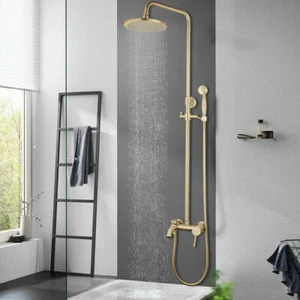 3-Way Brushed Gold Bathroom Shower Faucet Set Rain Head Mixer Valve Hand Shower - Picture 1 of 11