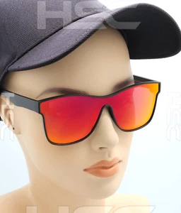 Polarized Sunglasses Deion Prime Time Style Black Frame Red Mirrored Shield Lens - Picture 1 of 17