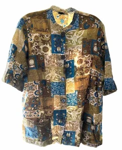 PEGGY LOU California Vintage Short Sleeve Block print Top Front Pockets Tiki Med - Picture 1 of 6