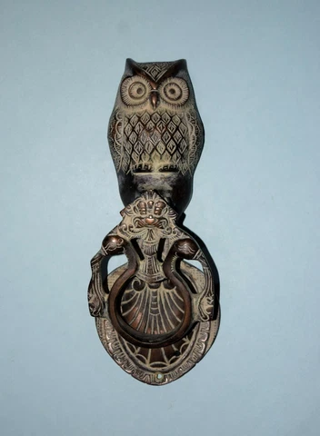 Brass Owl Figurine Knocker Antique Black Patina Finish Yali Door Bell Ring HK213 Cover