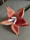 Vtg Hand Blown Art Glass Red & White Lily Flower 5" Stem 12? Broken Long Stem