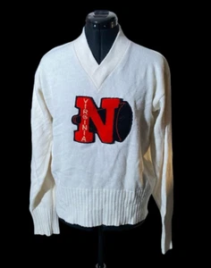 VTG Sand Knit Sweater Men Wool Ivory Letterman Varsity Patch Chenile RARE 40s M - Picture 1 of 11