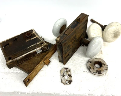 Mortise门锁和白色瓷旋钮系列9件复古古董 — 第 1/4 张图片