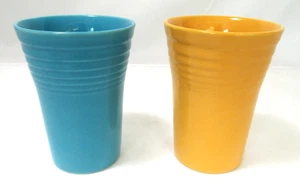 Vintage Fiesta Homer Laughlin Older HLC Water Tumbler Pair 4.5" Turquoise Yellow - Picture 1 of 11