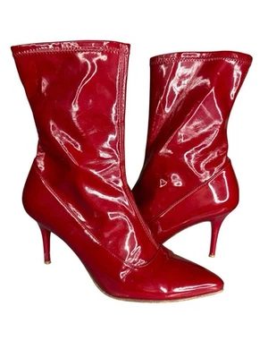 Stuart Weitzman Red Patent Leather Mid-Calf Boots 8M Pointed Toe Heels Zip - Image 1 of 4