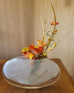 Hand Made Clear to Frosted Crackle Glass Oval Art Glass Vase Heavy 13 x 7 Inch - Picture 1 of 16