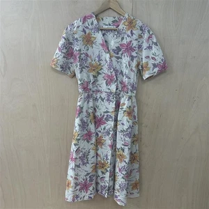 Vintage St Michaels Button Floral Linen Dress - Size 14 - Picture 1 of 7