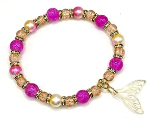 7" Glass Mermaid Tail Stretch Bracelet-Fuchsia Pink/Peach Beads & Rhinestones - Picture 1 of 4