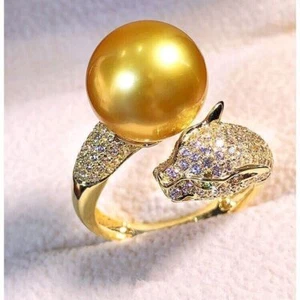 Huge AAA 10-11mm Genuine Natural South Sea Golden Round Pearl Ring 925s - Picture 1 of 1