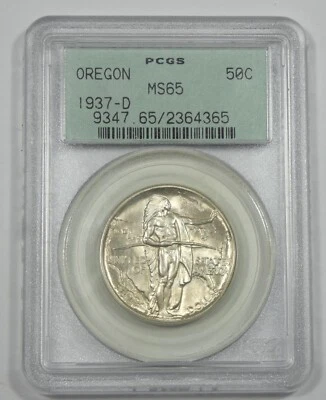 1937-D Oregon Trail Memorial Silver Commem 50c PCGS MS 65 ~ Old Green Holder - Image 1 of 4
