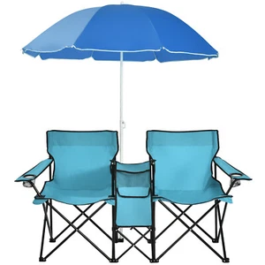 Portable Folding Picnic Double Chair W/Umbrella Table Cooler Beach Camping - Picture 1 of 10