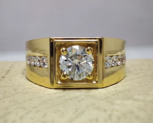 14K Solid Yellow Gold Round White Moissanite Mens Ring, Engagement/Wedding Ring - Picture 1 of 7