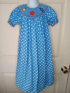 Helene's Closet Smocked Dress Girls 6T Blue Polka Dots Bishop Sleeve 100% Cotton - Picture 1 of 7