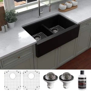Karran Farmhouse Kitchen Sink 50/50 Double Bowl Apron Front Grid Strainer Black - Picture 1 of 11