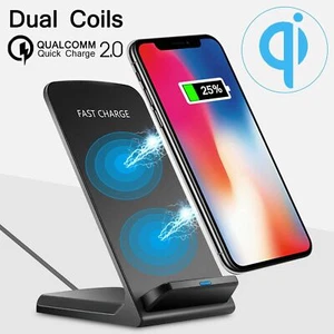 Quick Charge 2.0 10W Dual Coil Qi Wireless Charger Fast Charging Phone Dock Pad - Picture 1 of 9