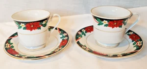 Vtg 2 Tienshan DECK THE HALLS Coffee Cups & Saucers Christmas Poinsettia's - Picture 1 of 8