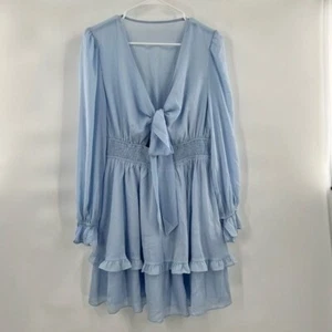 Blue long sleeve ruffle dress XXL flounce and front tie bow womens - Picture 1 of 10