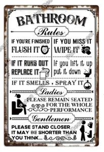 Bathroom Rules Metal Tin Sign Funny WC Restroom Plaque Toilet Retro Poster - Picture 1 of 12