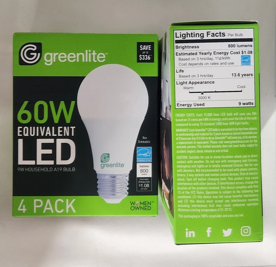 Light bulbs Greenlite 9w LED 60 W equivalent LED A19 Bulbs 4 Pack - Image 1 of 1