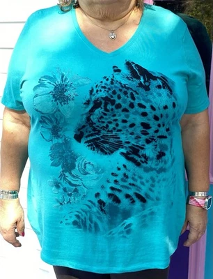 Just My Size 4X Turquoise Cheetah Panther Cat Floral Design Short Sleeve Shirt - Image 1 of 2
