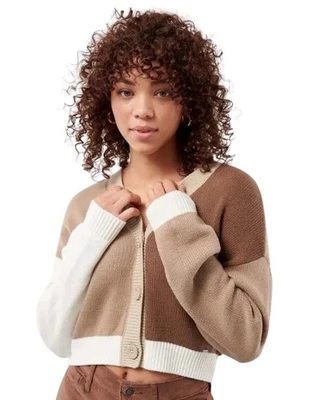 Hollister Brown Tan Cream Colorblock Knit Crop Cardigan Size XS Holiday - Image 1 of 4