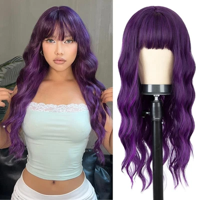 Wig with Bangs Long Natural Wavy Synthetic Wigs for Women 24 Inches Long Heat Re - Image 1 of 4