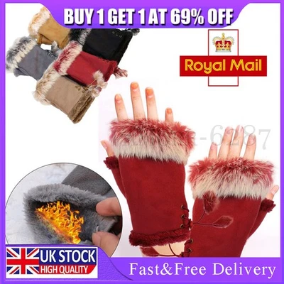 Women Ladies Winter Fur Fingerless Gloves Mittens Soft Warm Fleece Lined UK - Image 1 of 4