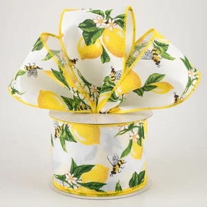 Lemons & Bees White Satin Ribbon 2.5" x 10 Yards - Picture 1 of 2