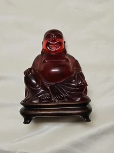 Vintage Carved Cherry Amber Chinese Laughing Buddha 5” H - 5" L - Picture 1 of 12