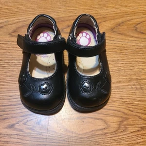 Black Leather Mary Janes Toddler Girl Shoes Size 3 Buster Brown Button Flowers - Picture 1 of 16