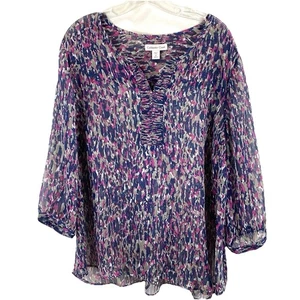 Coldwater Creek Top Artsy Abstract Sheer 3/4 Sleeve Plus Size 2X 20-22 Blouse - Picture 1 of 13